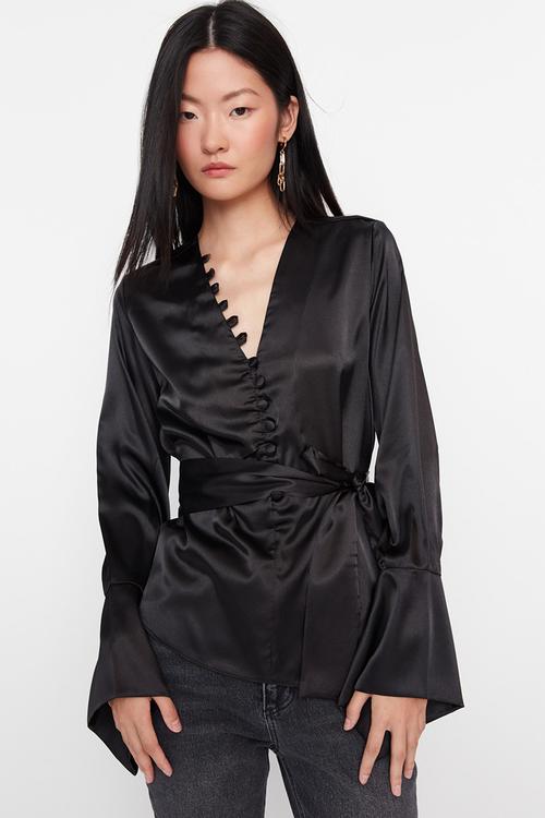 Button detail tie waist blouse - black