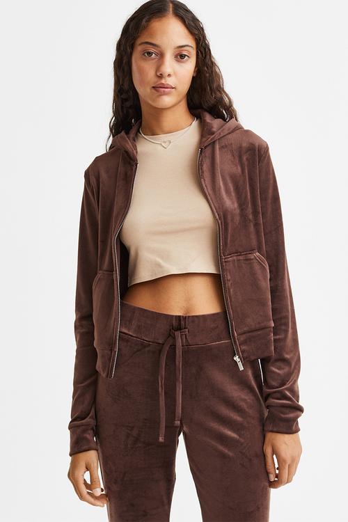 Velour zip-through hoodie - dark brown