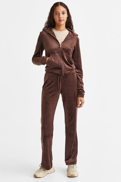 Velour zip-through hoodie - dark brown