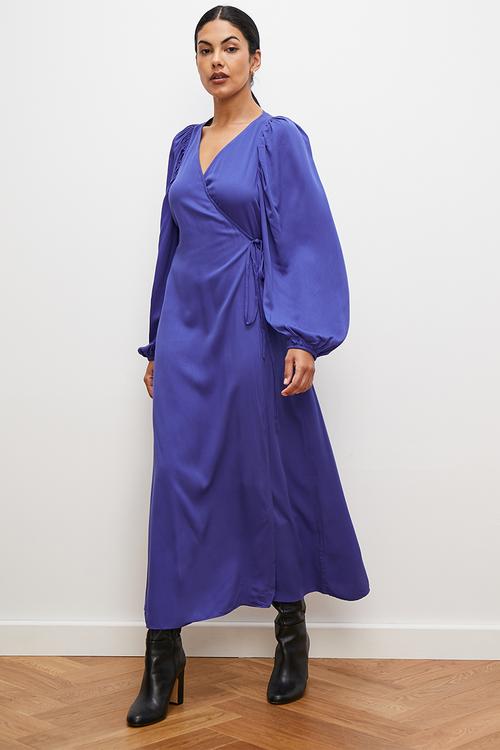 Statement sleeve wrap dress - blue