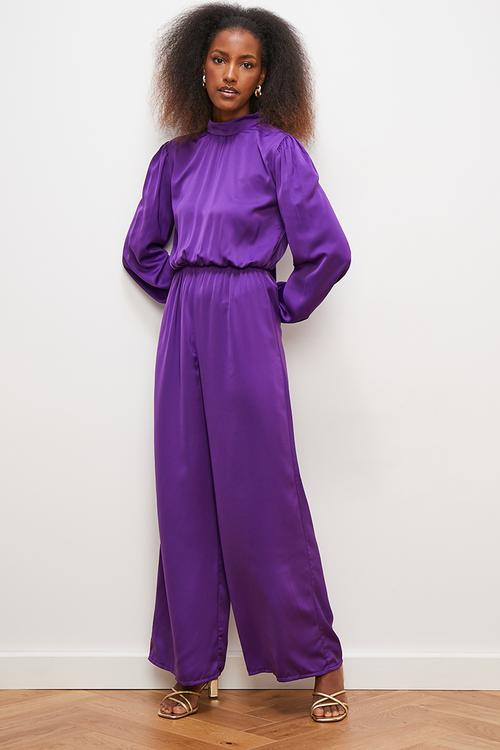 Satin kitty bow waisted jumpsuit - purple