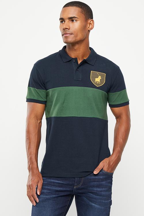 Mens equestrian short sleeve golfer - green & navy 