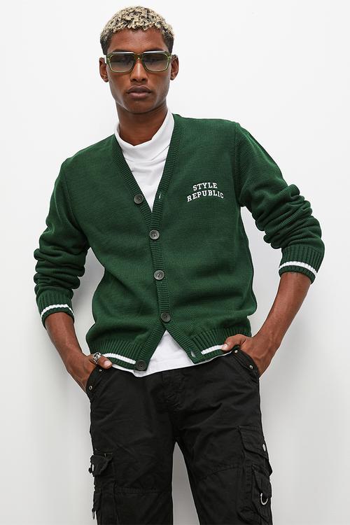 Regular fit knit cardigan - green & white