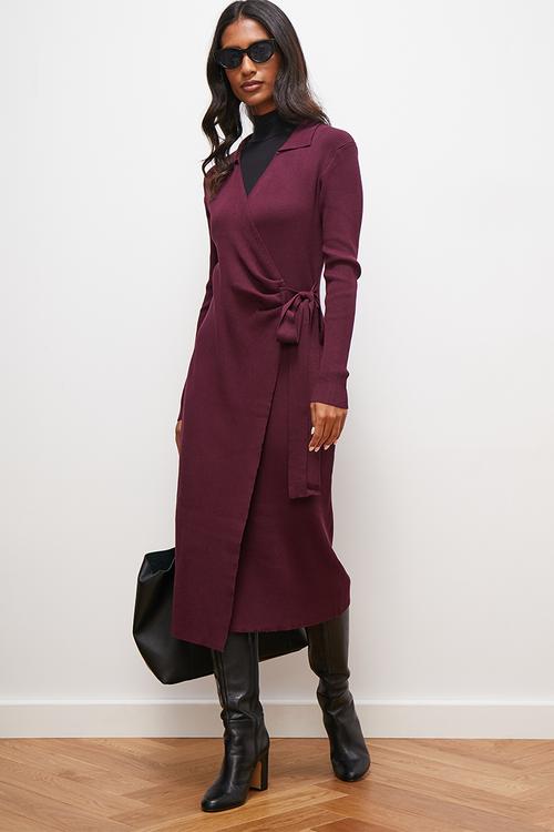 Collar wrap knitwear midi dress - eggplant