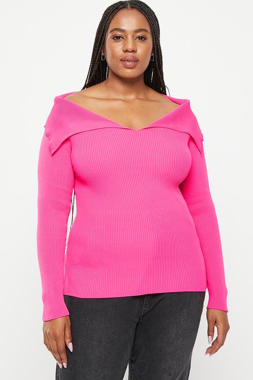 Plus boat neck thin knitwear blouse - fuchsia