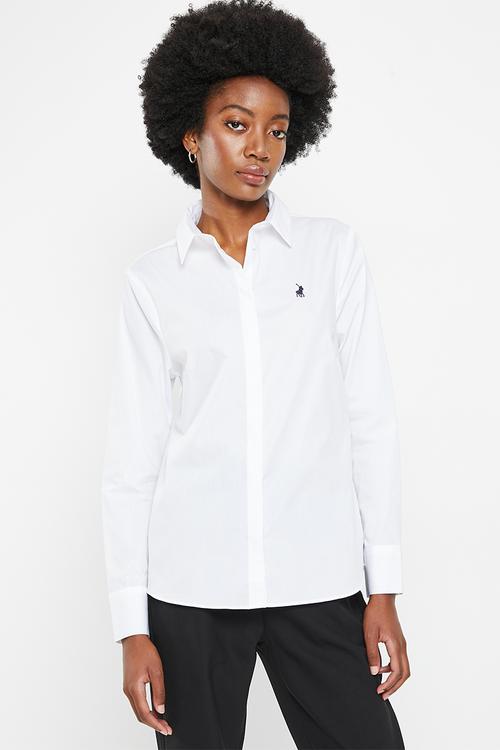 Wmn basic shirt long sleeve concealed front shirt - white