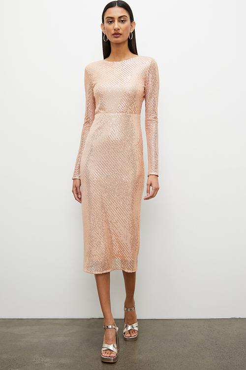 Sequin long sleeve column dress - rose gold
