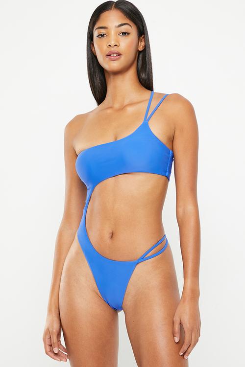 One shoulder strappy one piece - blue