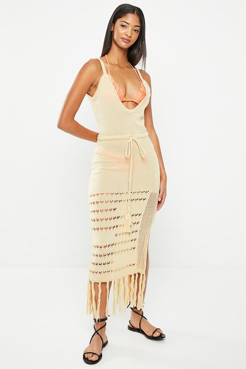 Crochet maxi dress cover up - tan