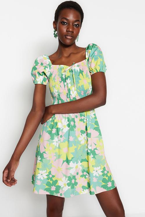 Floral smocked off shoulder dress - green