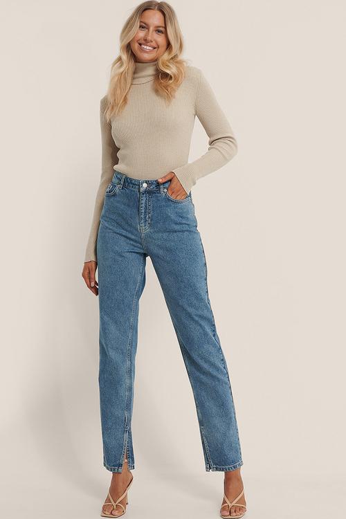 Side slit denim - mid blue