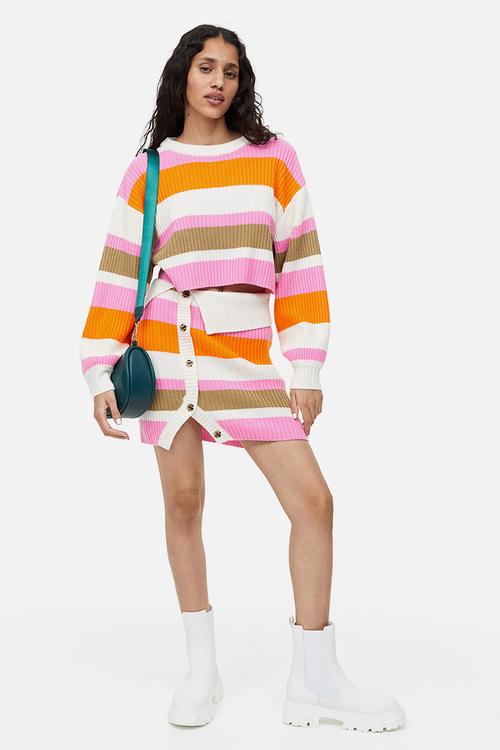 Button-front rib-knit skirt - cream/striped