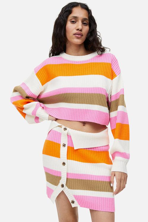 Button-front rib-knit skirt - cream/striped