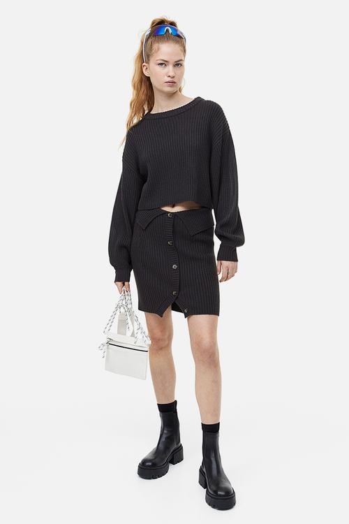 Button-front rib-knit skirt - dark grey