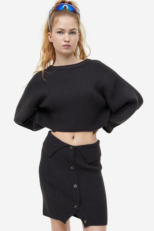 Button-front rib-knit skirt - dark grey