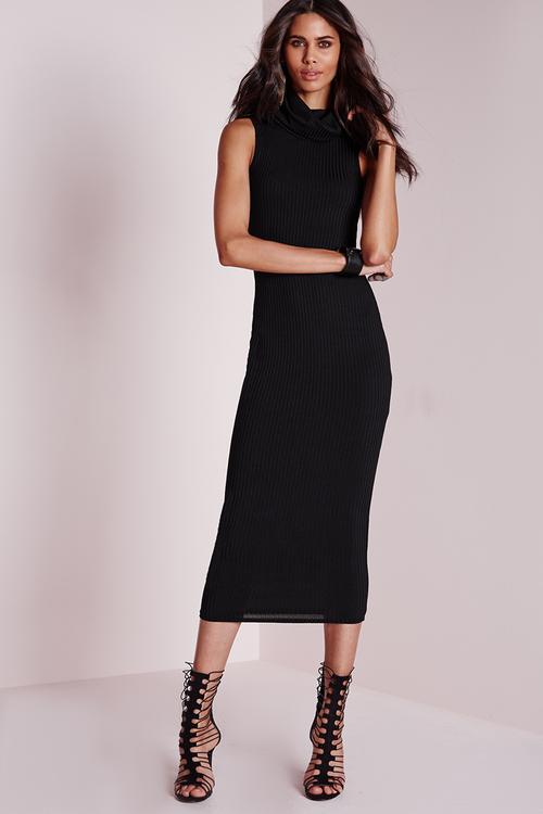 Ribbed Sleeveless Roll Neck Midi Dress