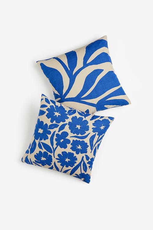 2-pack cotton canvas cushion covers - bright blue/beige