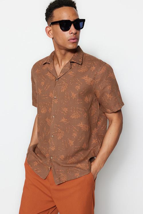 Regular fit linen shirt - brick