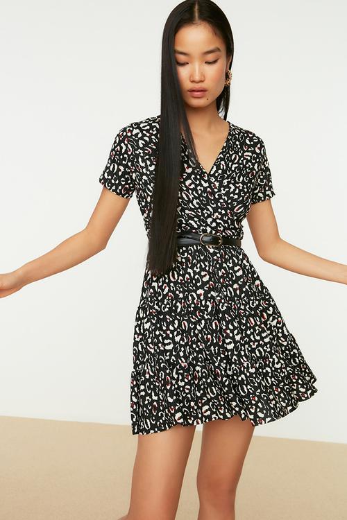 V-neck short sleeve skater dress - black print