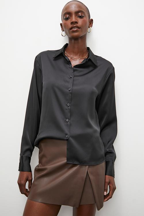 Plain satin shirt - black