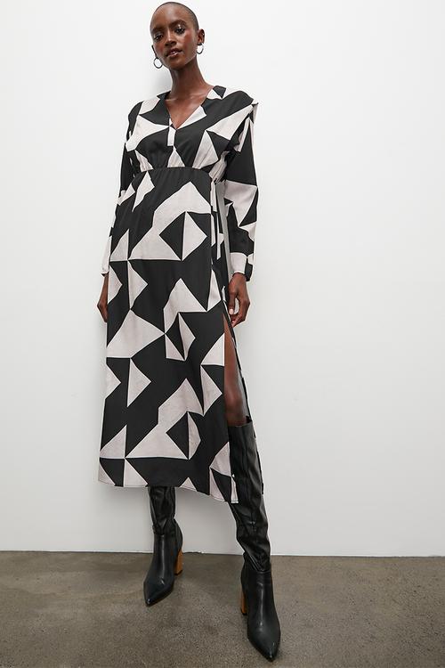 Extended shoulder volume midi dress - neutral & black 