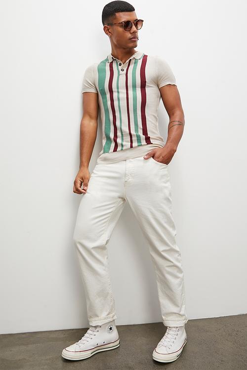 Placket collar s/s stripe knit golfer - stone/sage