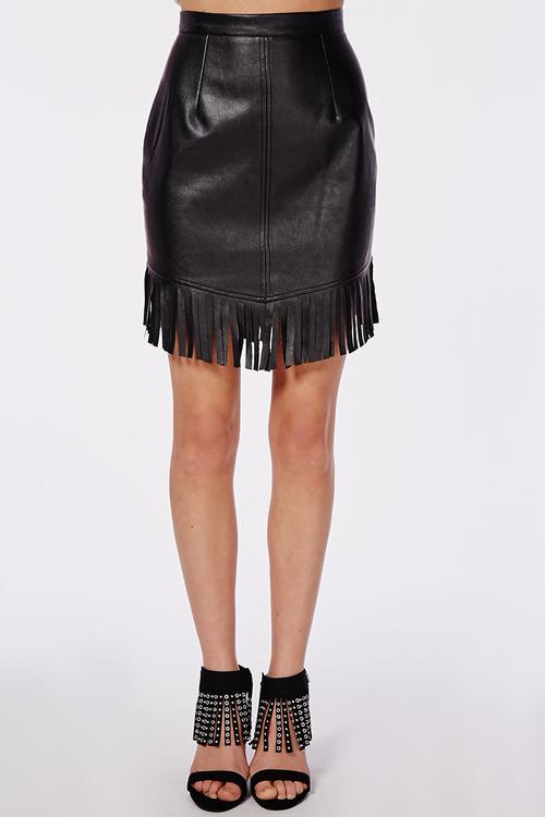 Fringing Detail Faux Leather Mini Skirt