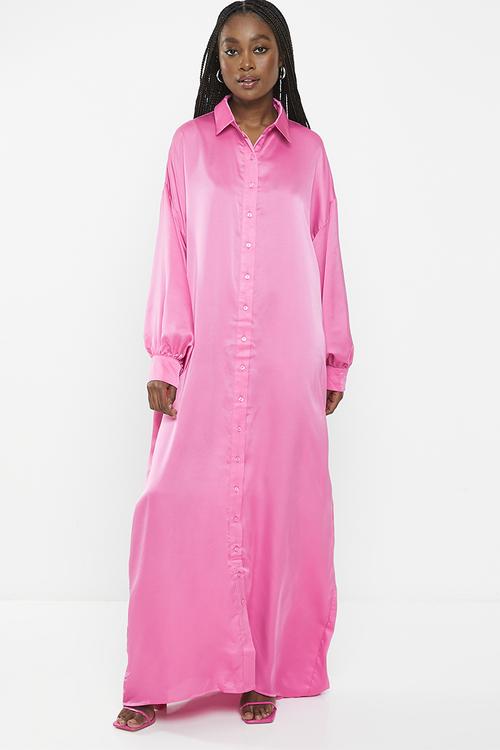 Sateen  Shirt Dress - Pink