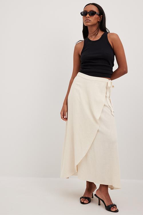 Linen blend midi wrap skirt - beige