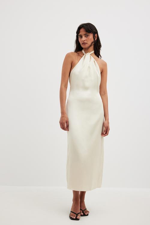 Twisted front satin midi dress - white