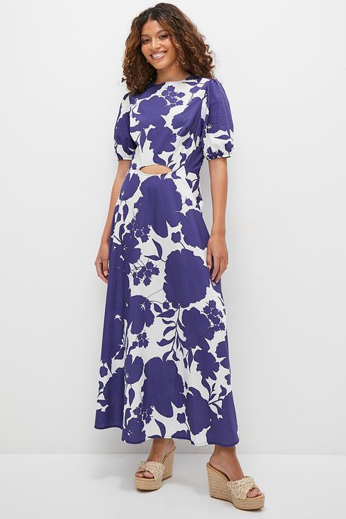 Cutout detail fit & flare midi dress - blue & white