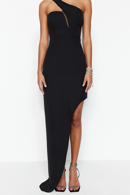 Asymetrical one shoulder maxi dress - black