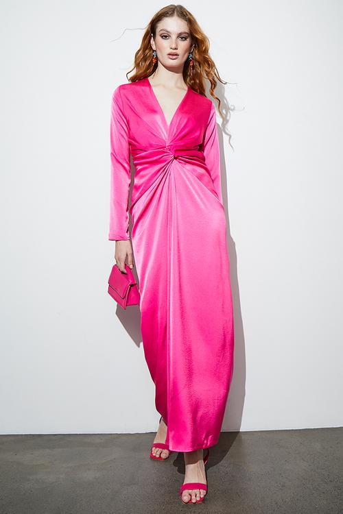 Twist front satin midi dress - pink