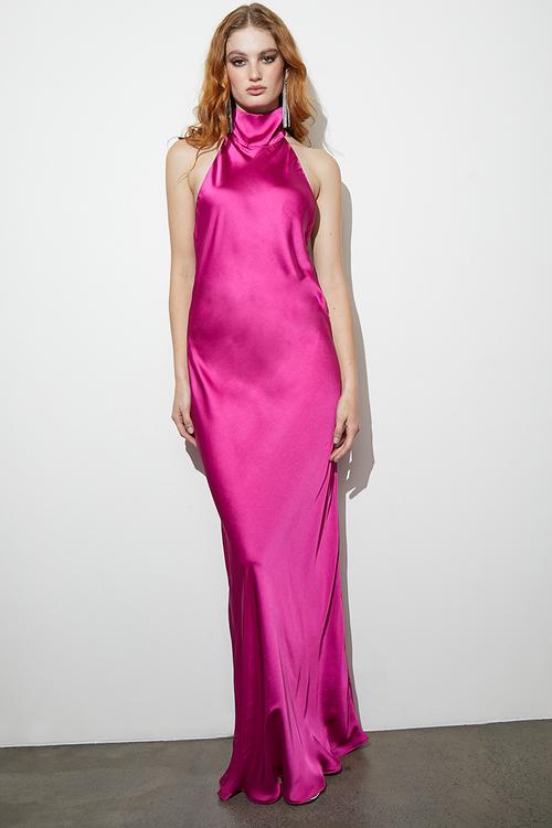Halter maxi slip dress with back tie - berry