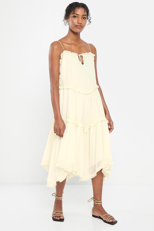 Straps detail frills midi dress - cream