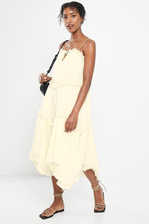 Straps detail frills midi dress - cream