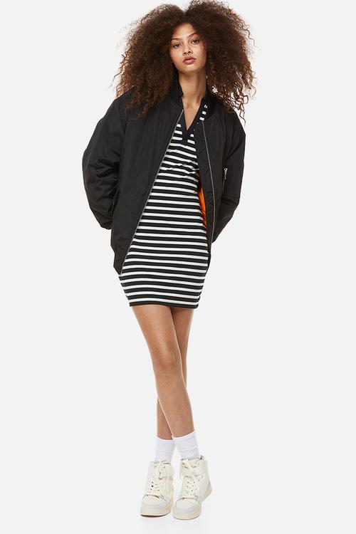 Collared bodycon dress - black /white striped