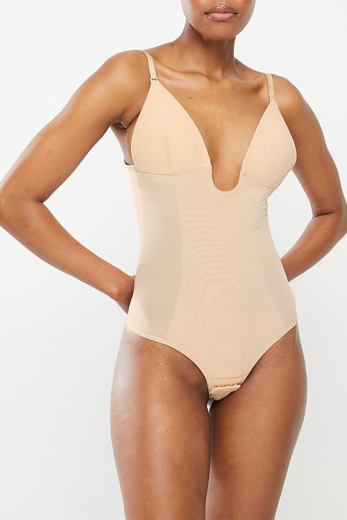 Low back thong shaper bodysuit plunge neckline - neutral