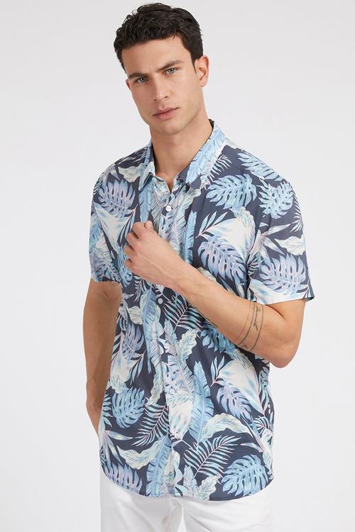 Eco rayon tropical print shirt - indigo tropics