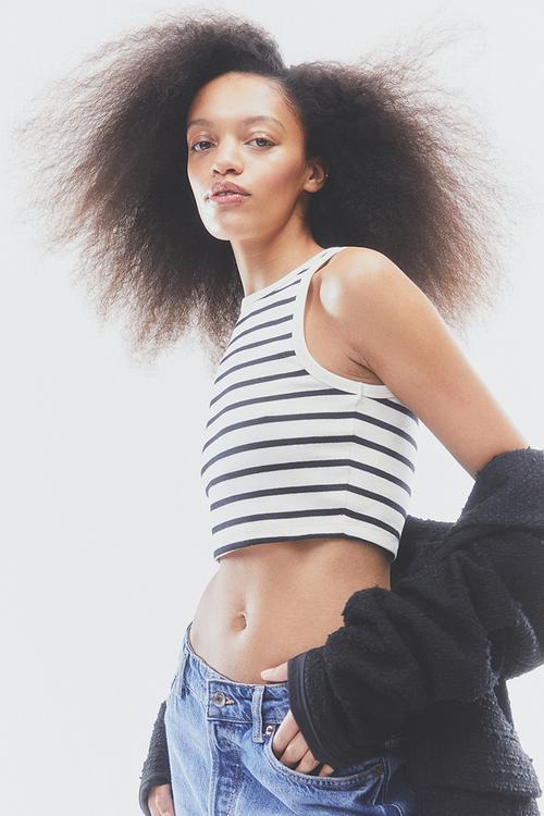 Cropped vest top - cream/black striped