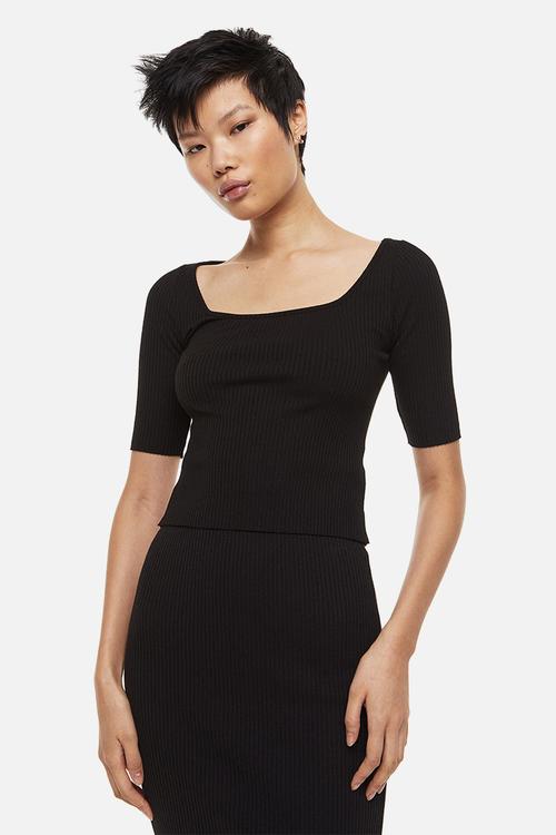 Ribbed jersey top - black