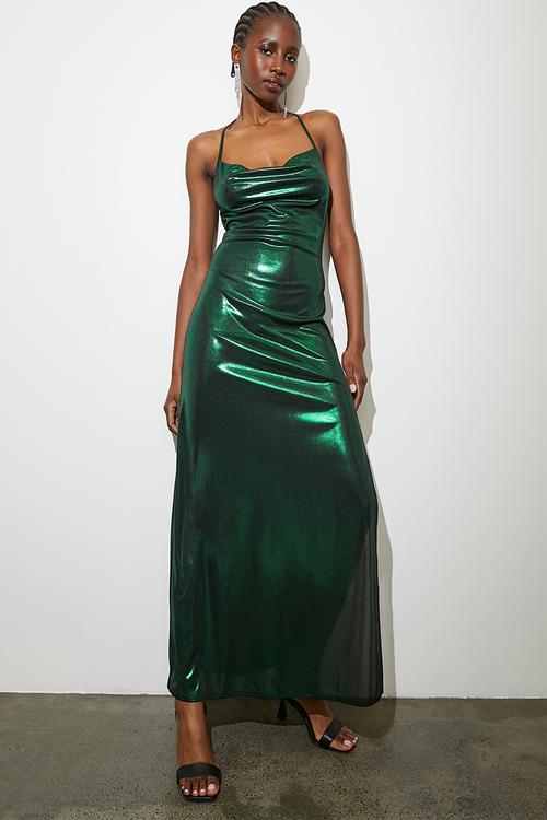 Cowl metallic maxi slip dress - green & silver