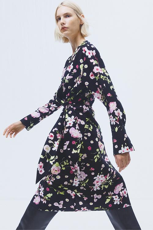Tie-detail wrap dress - black/floral 