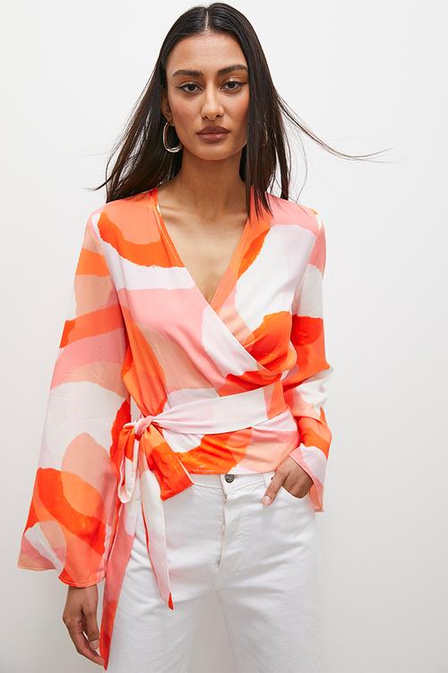 Wrap blouse - white & orange