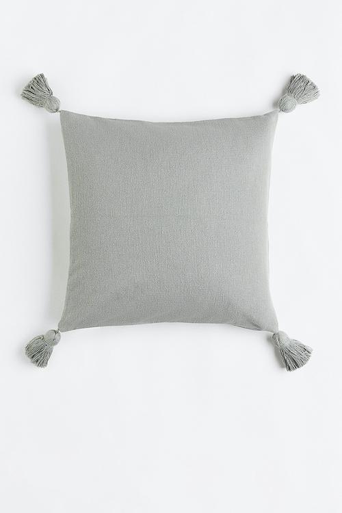 Tasselled cushion cover - light khaki green 