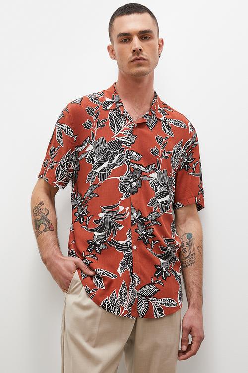 Ethnic floral print short sleeve viscose shirt - multi