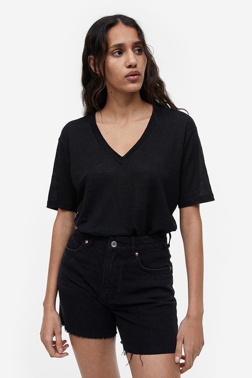 V-neck linen-jersey T-shirt - black