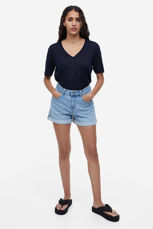 V-neck linen-jersey T-shirt - navy blue 