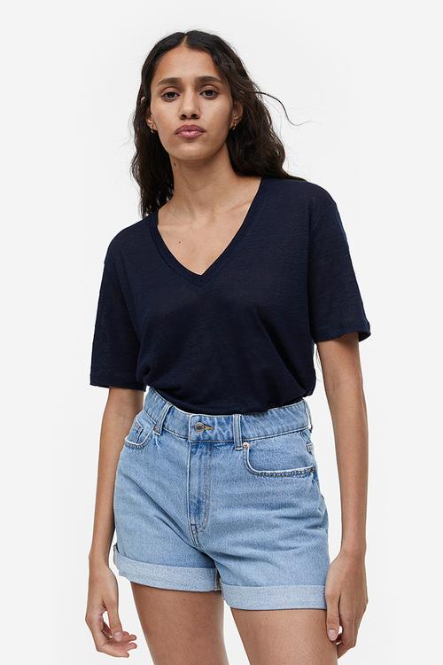 V-neck linen-jersey T-shirt - navy blue 