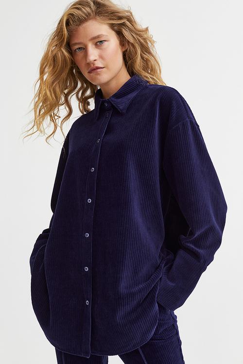 Ribbed velour shirt - dark blue